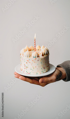 Hand holding birthday cake with lit candles, minimalistic  food photography