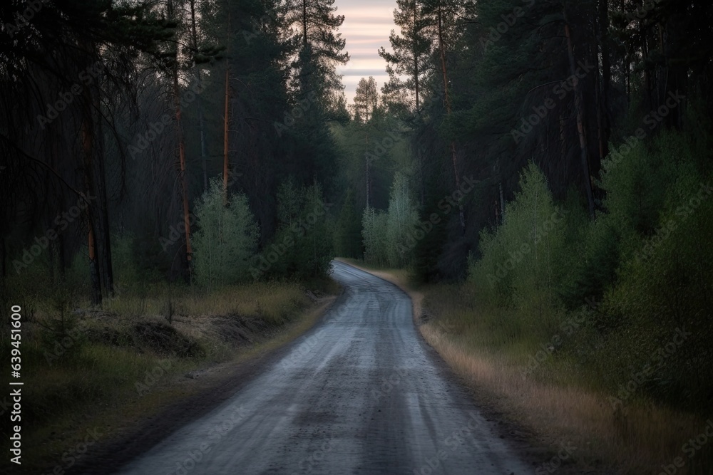 Naklejka premium Asphalt road in a summertime woods at twilight. Crimean mountains. Generative AI