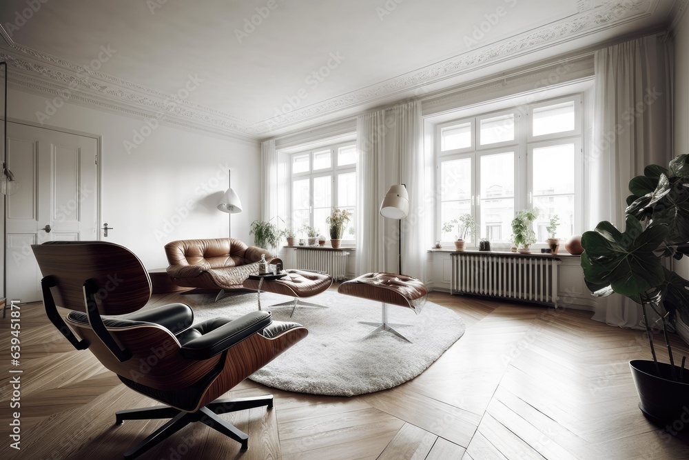 Fototapeta premium a space with a leather chair and a wall that is completely white. Generative AI