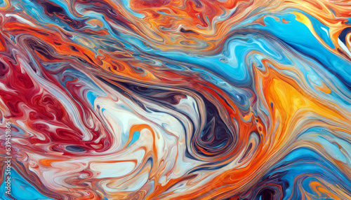 An abstract painting characterized by a liquid marbling paint background