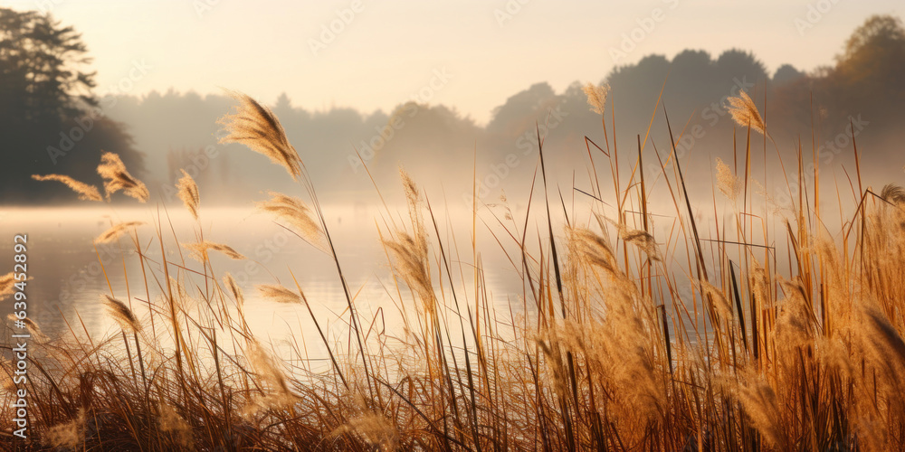 Fototapeta premium Diffused light of a misty autumn afternoon, this image showcases a serene lake surrounded by tall grasses, their golden heads swaying gently in the breeze