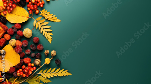 Frame of colorful red and yellow autumn leaves with cones and rowan berries on trendy green background. First day of school, back to school, fall concept.