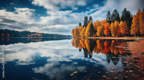 Beautiful autumn foliage reflected in the water, in the style of dark sky-blue and amber, soothing landscapes.