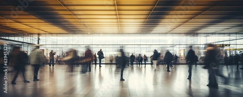 Crowd of people walking through an airport, motion blur