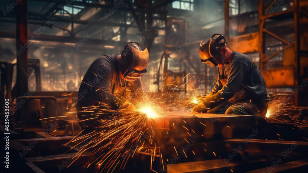 Men at work in factory welding steel, producing sparks, fire, and smoke; safety masks protect skilled craftsmen amid metalwork, construction, and manual labor, ensuring production and industry safety. Men at work in factory welding steel, producing sparks, fire, and smoke; safety masks protect skilled craftsmen amid metalwork, construction, and manual labor, ensuring production and industry safety.