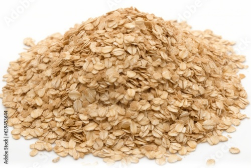 The raw, dry oat flakes are separated on a white backdrop. Muesli or granola is made with flattened grains of wheat, barley, and bran. Generative AI
