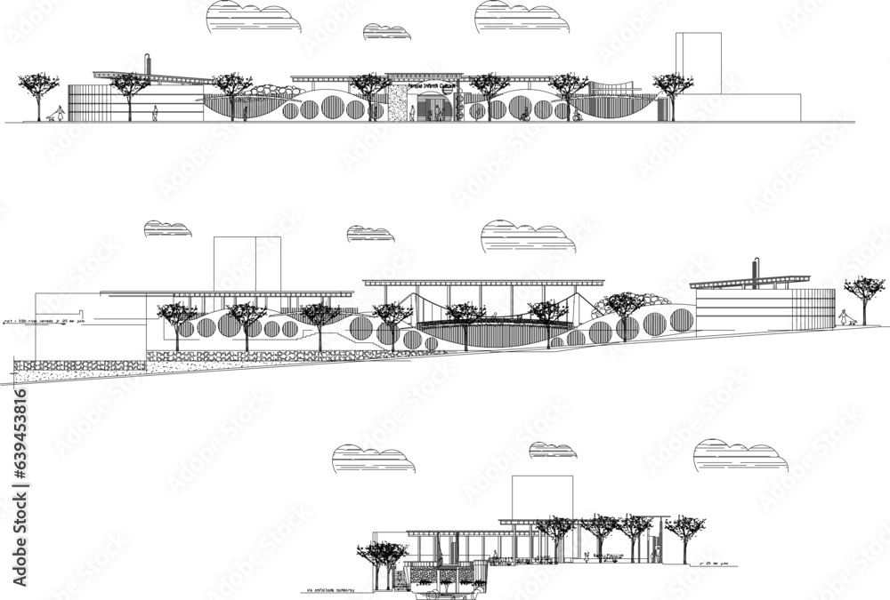Vector sketch illustration of detailed architectural design of city park section and neighborhood road