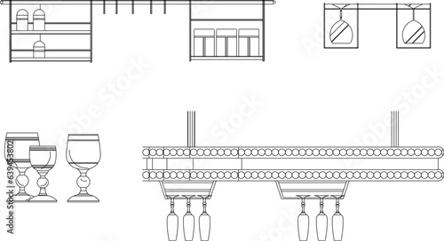 Vector sketch illustration design of kitchen set kitchen utensils and equipment and wine drinker