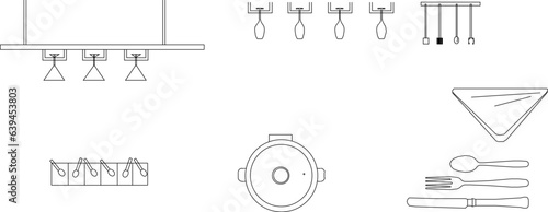 Vector sketch illustration design of kitchen set kitchen utensils and equipment and wine drinker