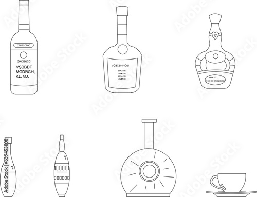 Vector sketch illustration design of kitchen set kitchen utensils and equipment and wine drinker