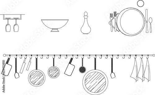 Vector sketch illustration design of kitchen set kitchen utensils and equipment and wine drinker