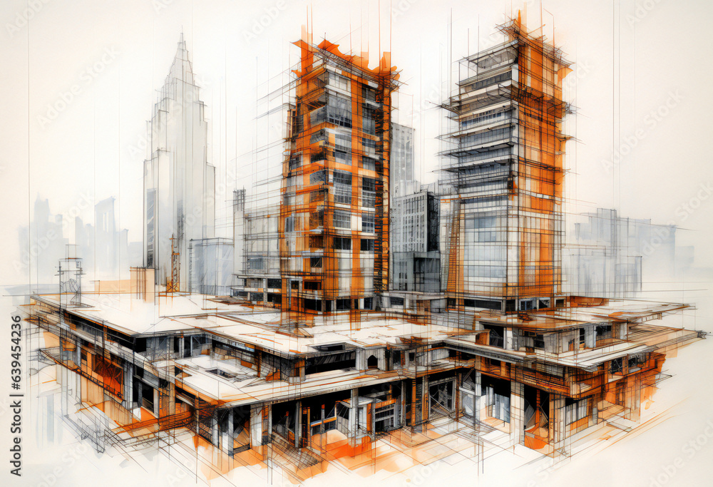 Naklejka premium Architectural Vision, Urban Sketch in Modern Design, Artistic transformation, Urban architecture takes shape in intricate sketches. An evocative blend of design and urban imagination.