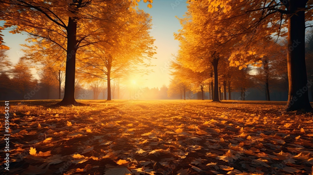 Beautiful autumn landscape with yellow trees and sun