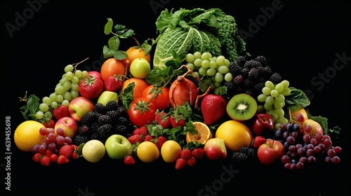 Fruits and vegetables on a black background. Healthy food concept.