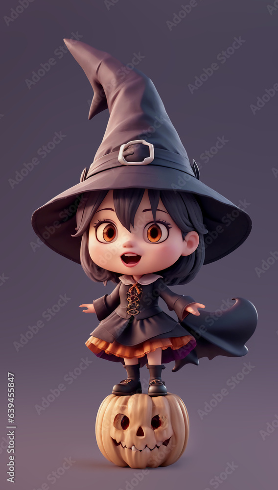 Witchy Delight Cute Little Witch with Black Short Hair on White Jack o Lantern