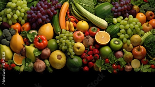 Fruits and vegetables on a black background. Healthy food concept.