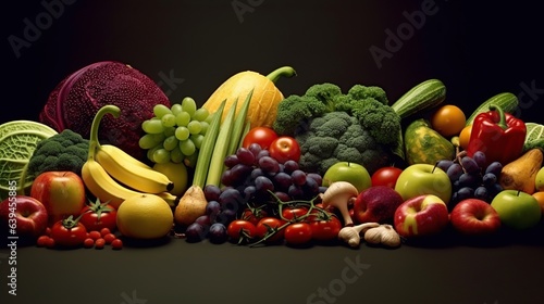 Fruits and vegetables on a black background. Healthy food concept.