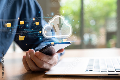 Fotografi Business person migrate data and corporate information into cloud technology for data security and back up as disaster recovery site and prevent for cyber crime