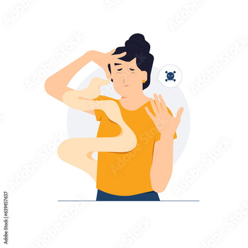 bad smell, stinky , horrible stench. Young woman with disgust expression on her face clamped pinches nose concept illustration