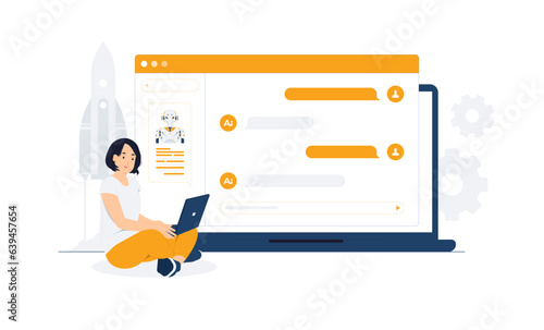 Chat Bot, AI assistant, online conversation, technology. Woman using a laptop computer chatting with an artificial intelligence asks for the answers concept illustration