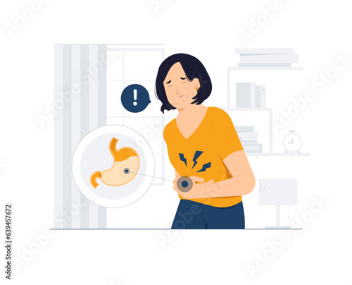 Stomachache, menstruation, chronic gastritis, abdomen bloating spasm pain. Sad unhappy woman looking sick holding hands on belly suffers because eating spoiled food concept illustration