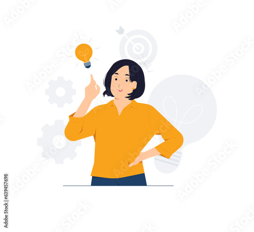 Creative idea, mind map, problem solving, brainstorming. find solution. Woman pointing finger up having idea looking inspired by genius thought concept illustration