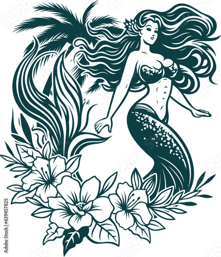 Abstract Floral Mermaid Tattoo Design Style Silhouette