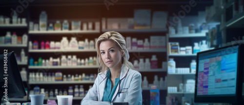 portrait pharmacist American woman at counter table with computer in a pharmacy.generative ai