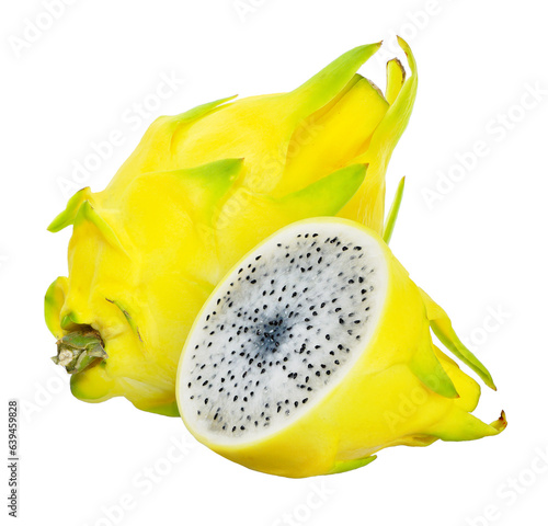 Half Yellow dragon fruit isolated on white background.