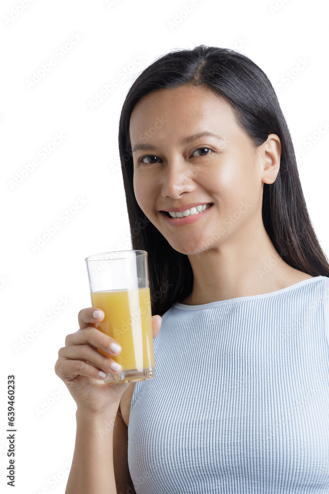 Asian American Woman drinking a glass of Orange Juice Asian American Woman drinking a glass of Orange Juice