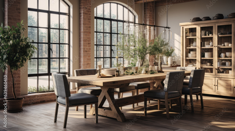 Dining room with old chairs, chest of drawers, rustic decor