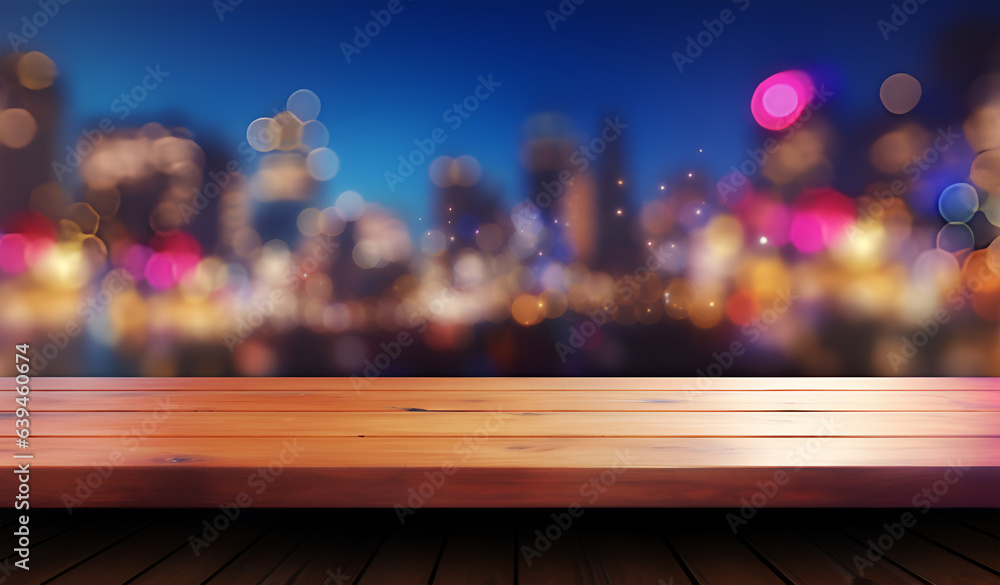 wooden table against illuminated lights at night blurred bokeh background. copy text space.