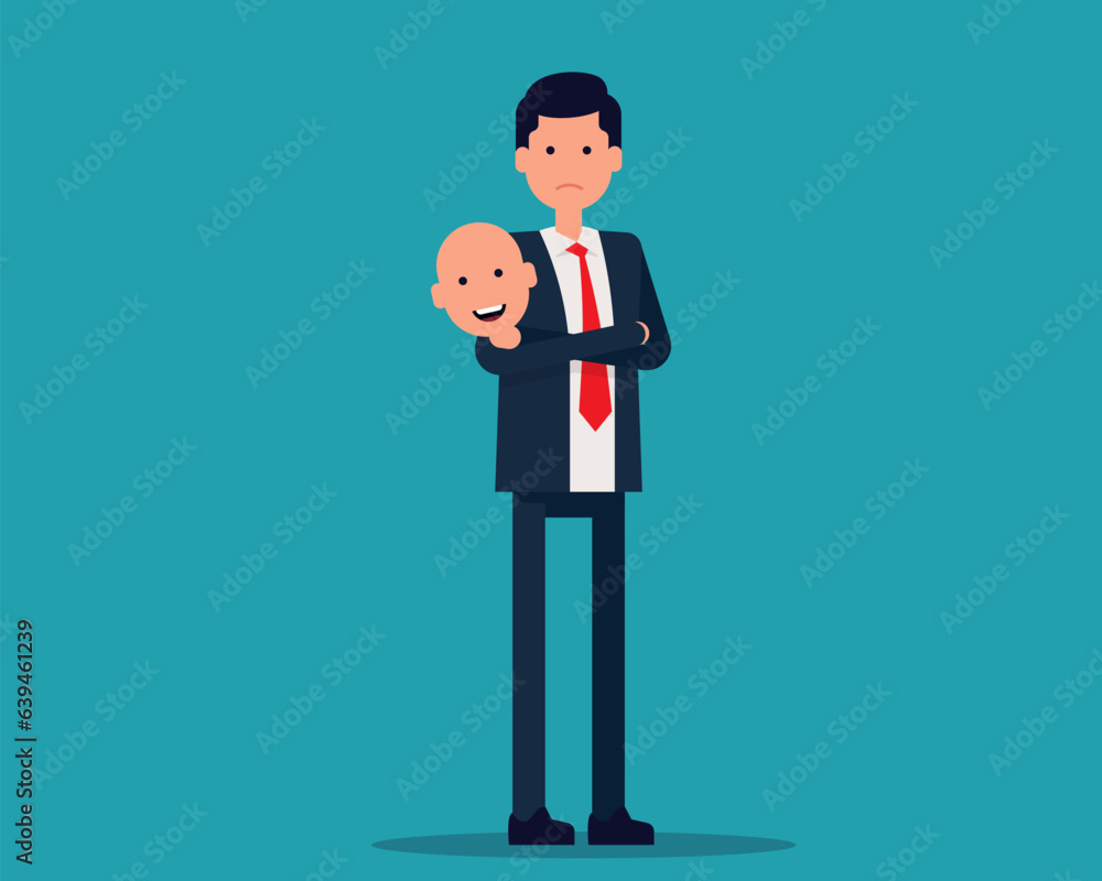 Holding a mask and emotion. Face with smilling mask. Vector illustration in cartoon style design Holding a mask and emotion. Face with smilling mask. Vector illustration in cartoon style design