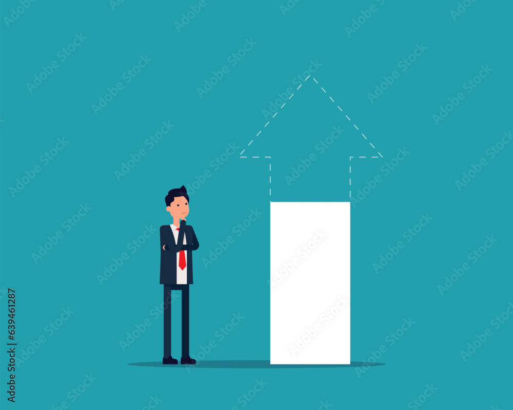 A businessman who is struggling with the situation ahead. Arrow with direction, Business emptiness A businessman who is struggling with the situation ahead. Arrow with direction, Business emptiness