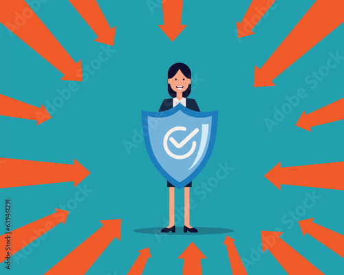 Holding shield Against arrow. Business protecttion concept, Vector illustration in cartoon style design. photo