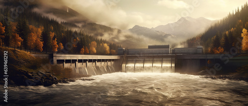 Hydroelectric power dam on a river and dark forest in beautiful mountains.generative ai photo