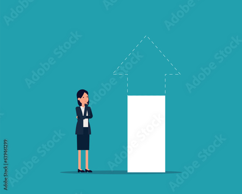 A businesswoman who is struggling with the situation ahead. Arrow with direction, Business emptiness