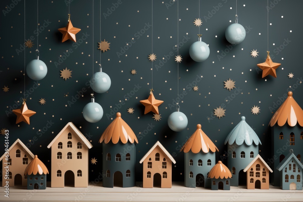 A Christmas background image featuring ceramic baubles and stars hanging above charming little ceramic houses. Photorealistic illustration, Generative AI