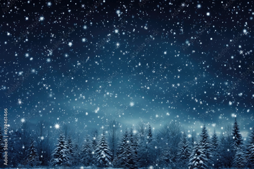 Obraz premium A background image depicting a serene winter night sky with gentle snowfall over a tranquil forest, capturing the enchanting beauty of a snowy evening. Photorealistic illustration, Generative AI