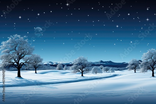 A serene Christmas landscape wallpaper capturing a nighttime scene adorned with stars and trees, emanating a sense of peaceful winter enchantment. Photorealistic illustration, Generative AI