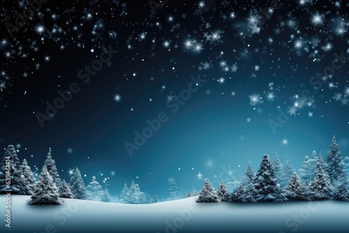 A peaceful Christmas night sky background image showcasing stars shimmering above snow-covered trees, creating a serene winter nighttime ambiance. Photorealistic illustration, Generative AI © DIMENSIONS