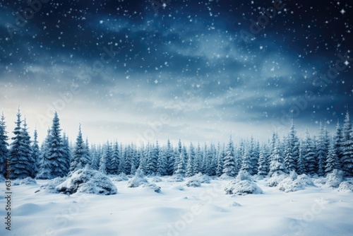 A Christmas night landscape wallpaper depicting a scene where stars descend upon a snow-covered forest, creating a wondrous winter tableau. Photorealistic illustration, Generative AI