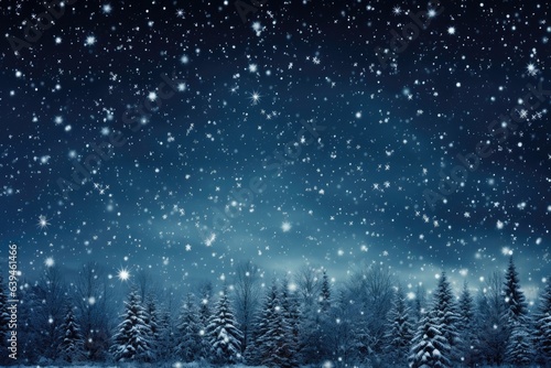 A background image depicting a serene winter night sky with gentle snowfall over a tranquil forest, capturing the enchanting beauty of a snowy evening. Photorealistic illustration, Generative AI