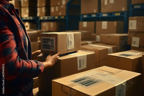 Male hands with a cardboard box close-up - man while working in a postal service warehouse. Accounting and timely dispatch of parcels from online stores.
