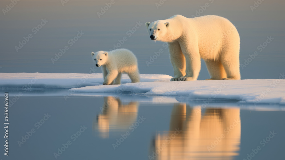 photograph of Polar bear with cub on ice floe telephoto lens realistic morning light generative ai photograph of Polar bear with cub on ice floe telephoto lens realistic morning light generative ai