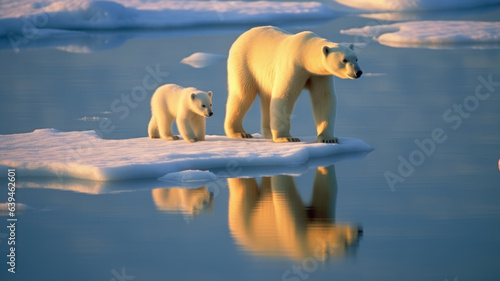 photograph of Polar bear with cub on ice floe telephoto lens realistic morning light generative ai