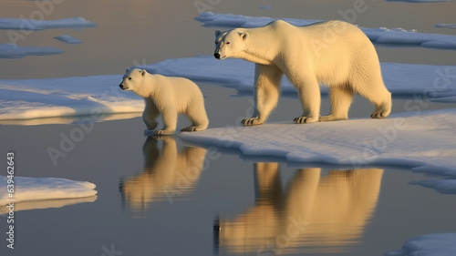 photograph of Polar bear with cub on ice floe telephoto lens realistic morning light generative ai