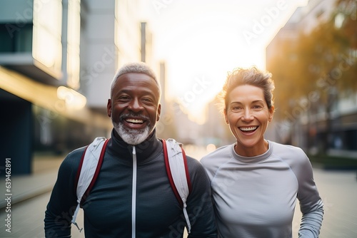 Athletic middle aged couple smiling while looking at the camera. Workout together outdoor.