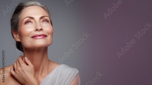 A beautiful middle-aged woman touches the soft smooth skin on her neck.