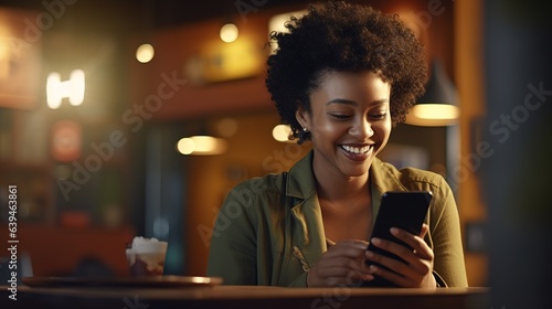 Young smiling woman is using smartphone.